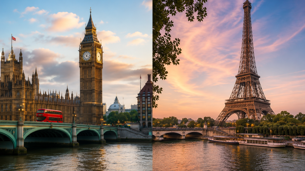 Imagen representativa de Londres y Paris, mostrando el big beng y la torre eiffel
