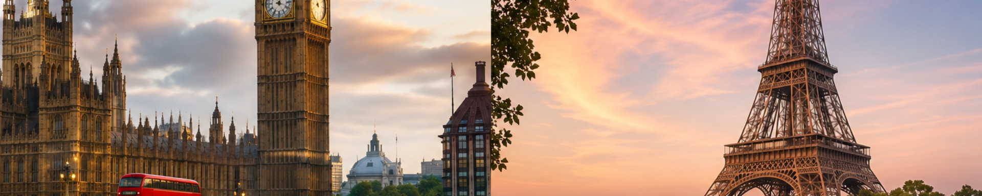 Imagen representativa de Londres y Paris, mostrando el big beng y la torre eiffel